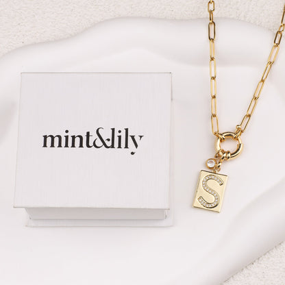 Pave Initial Pendant Necklace with Paperclip Chain