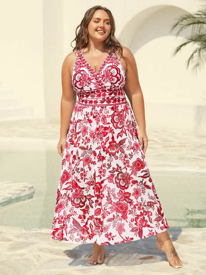 Two-Piece Floral Print Ruched Mesh Swimsuit
