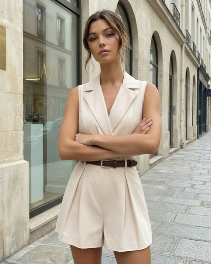 Sleeveless Blazer Belted Pleated Casual Romper