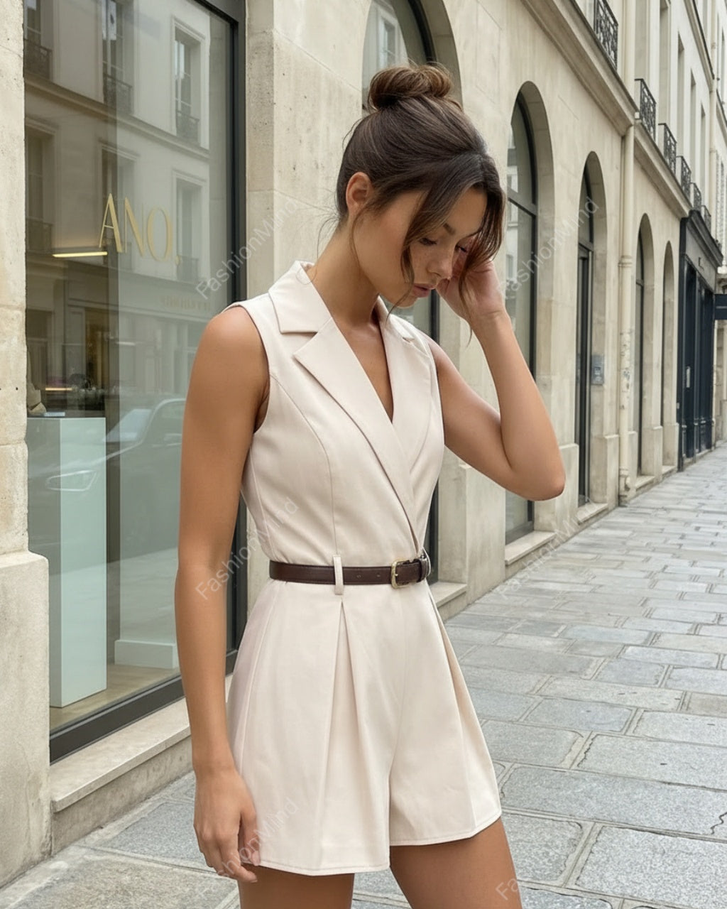 Sleeveless Blazer Belted Pleated Casual Romper