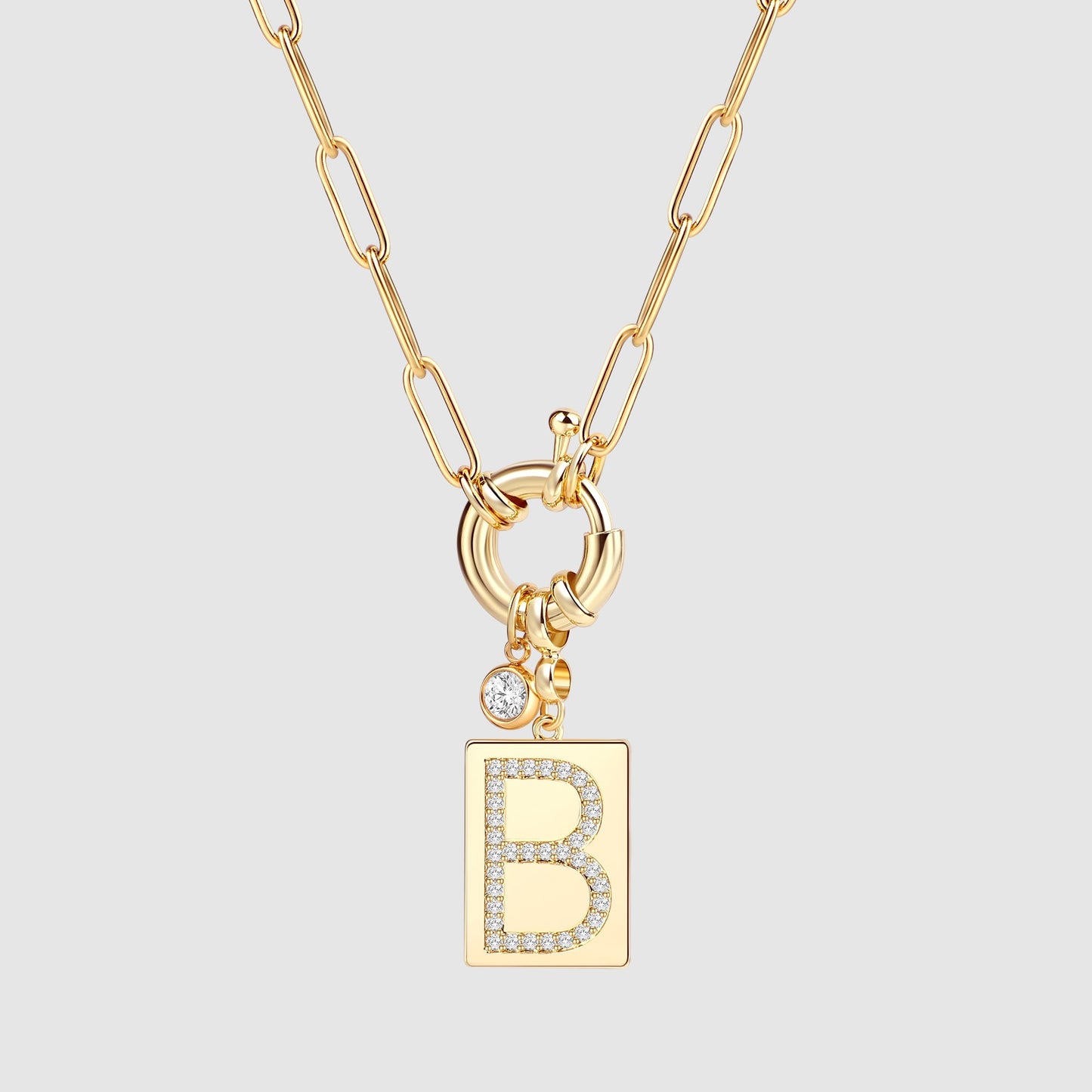 Pave Initial Pendant Necklace with Paperclip Chain