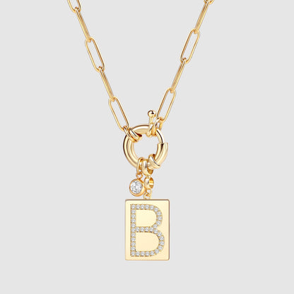 Pave Initial Pendant Necklace with Paperclip Chain