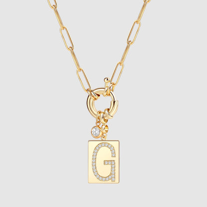 Pave Initial Pendant Necklace with Paperclip Chain