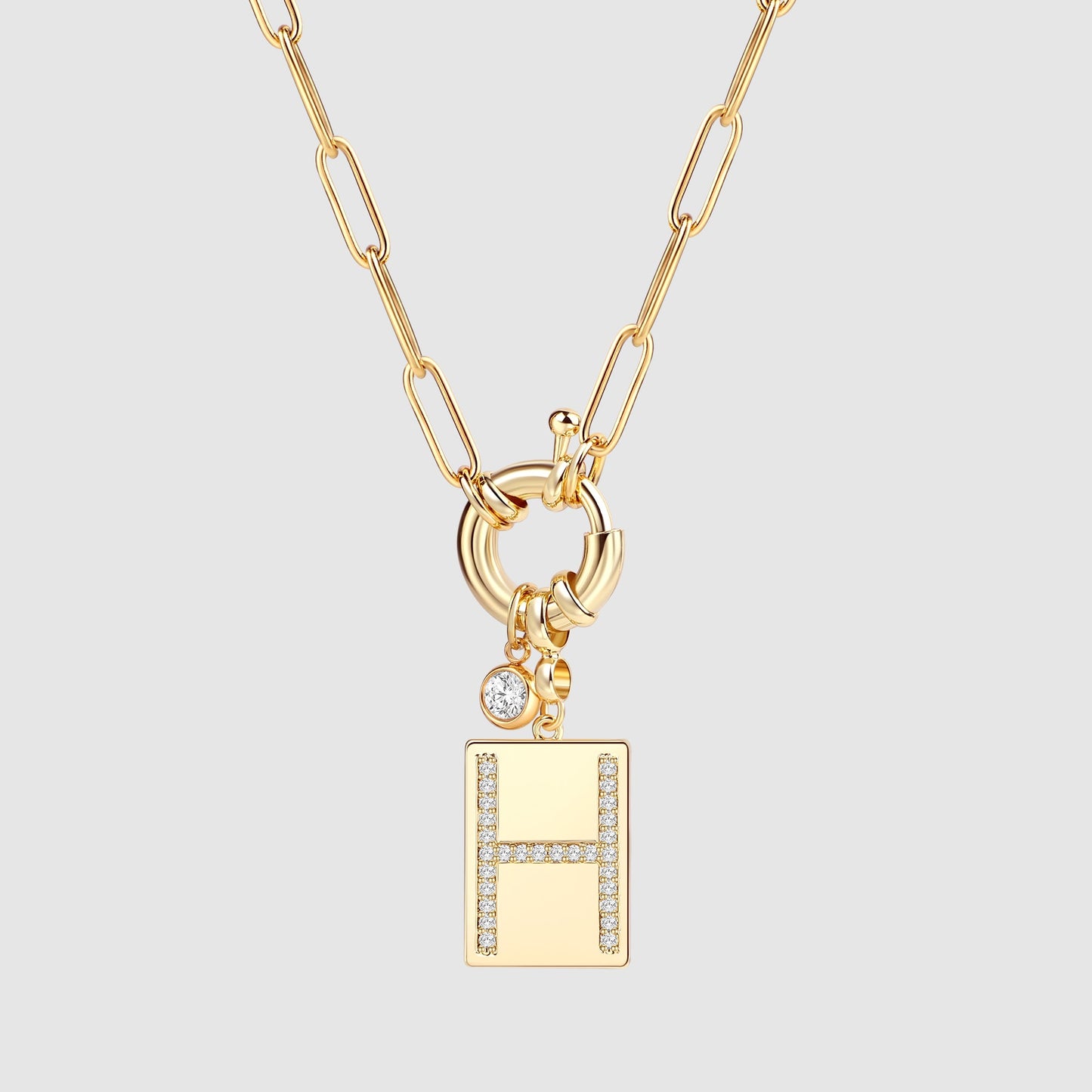 Pave Initial Pendant Necklace with Paperclip Chain