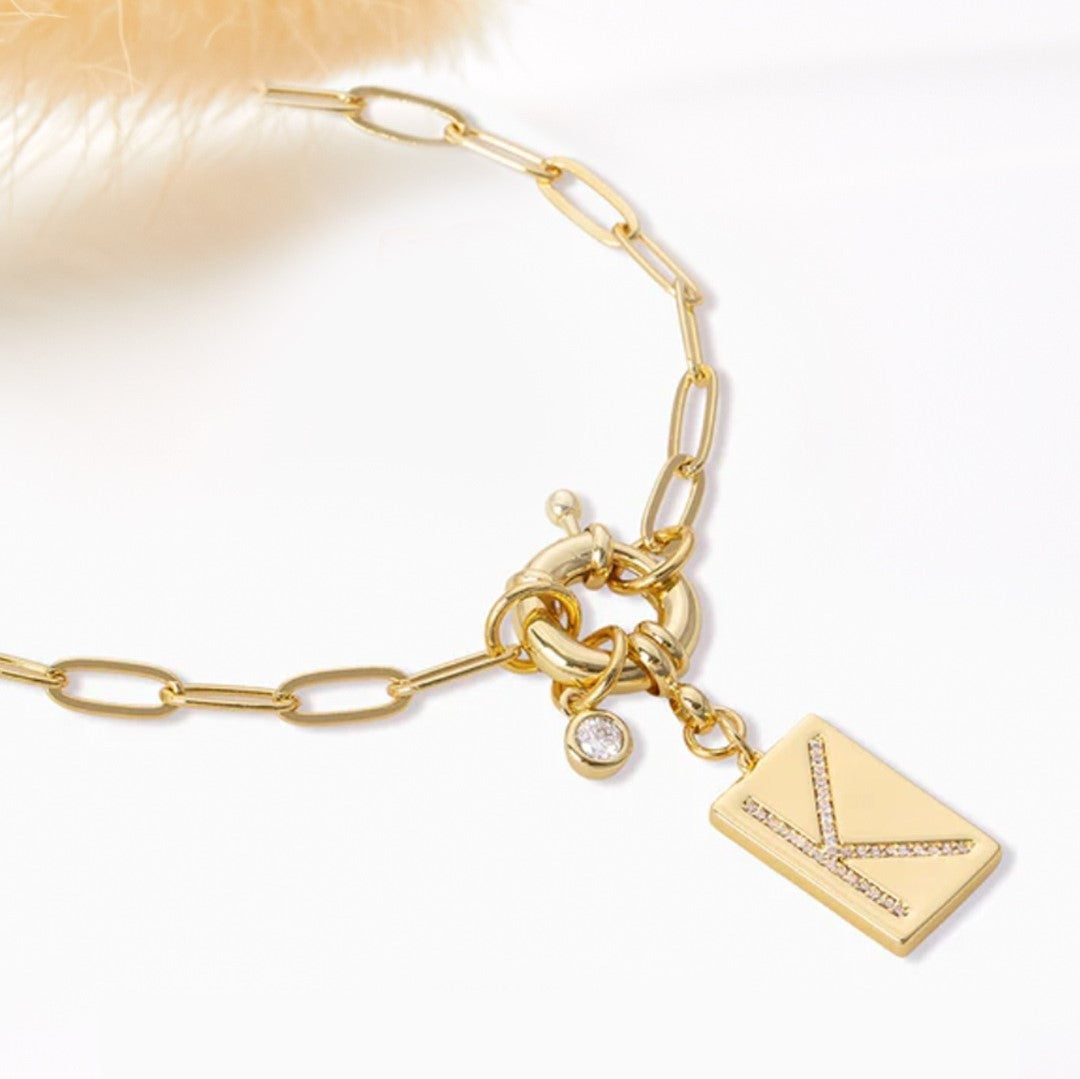 Pave Initial Pendant Necklace with Paperclip Chain