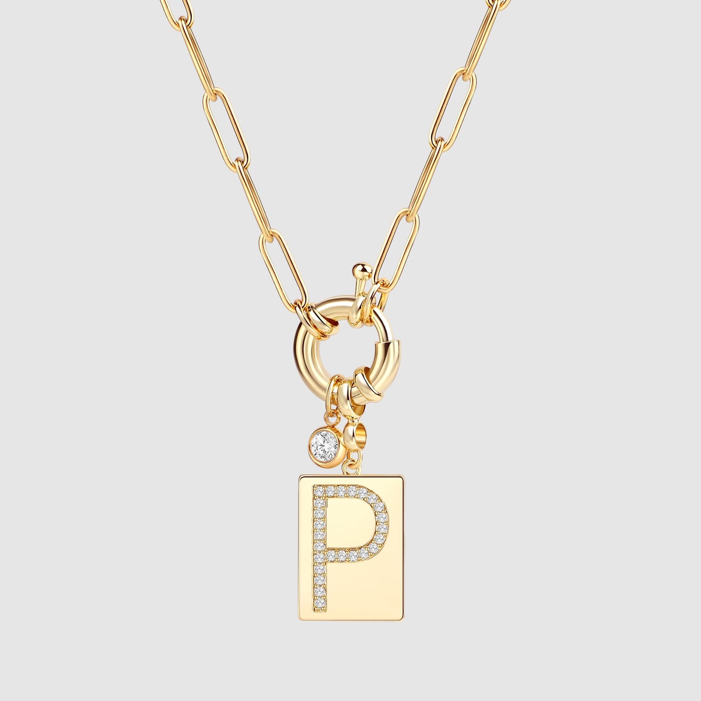 Pave Initial Pendant Necklace with Paperclip Chain