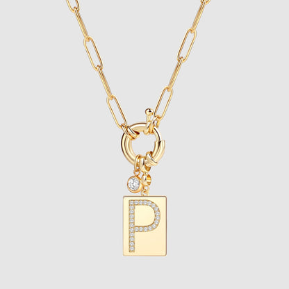Pave Initial Pendant Necklace with Paperclip Chain