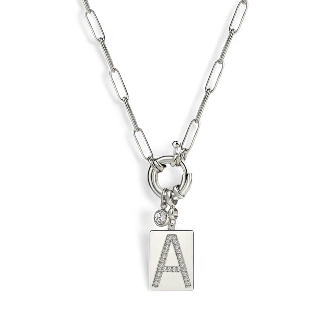 Pave Initial Pendant Necklace with Paperclip Chain