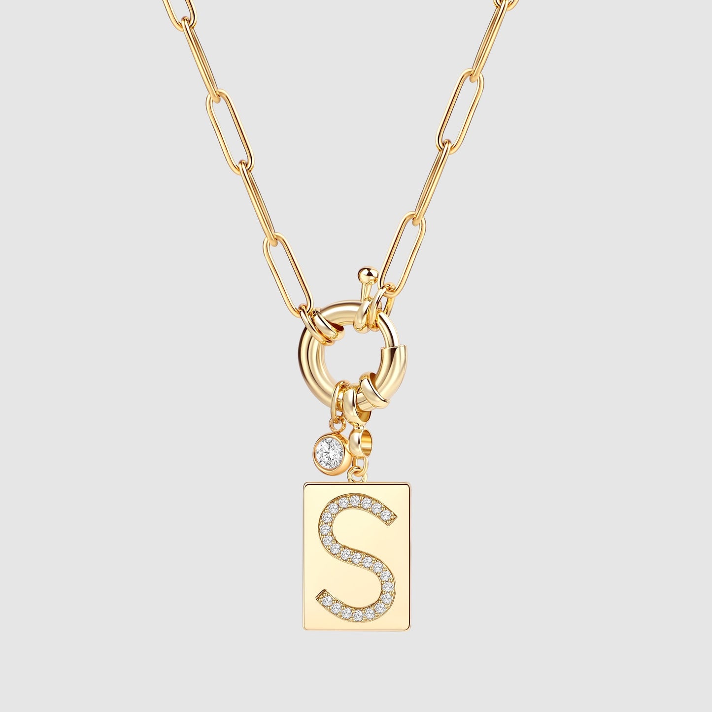 Pave Initial Pendant Necklace with Paperclip Chain