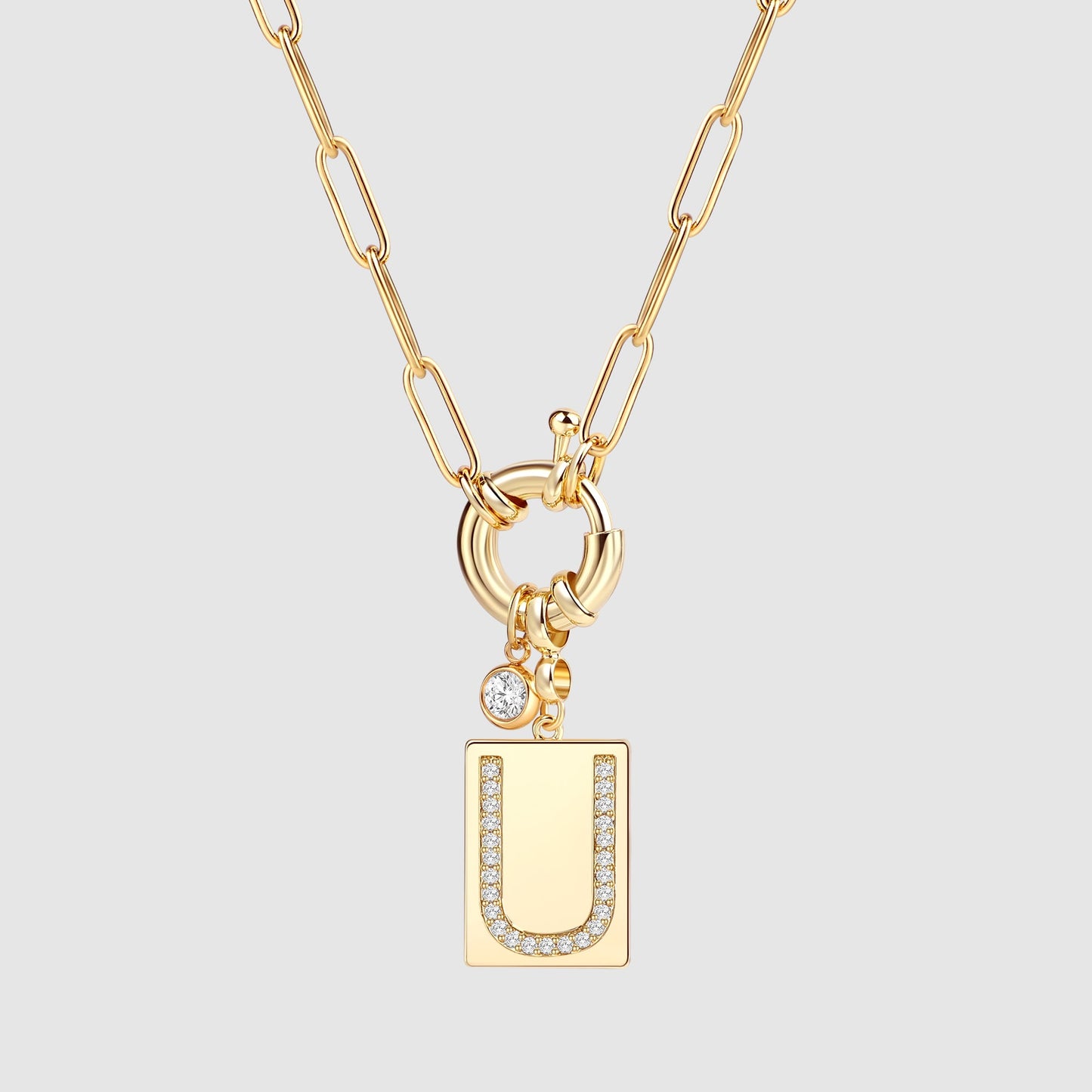 Pave Initial Pendant Necklace with Paperclip Chain