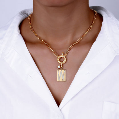 Pave Initial Pendant Necklace with Paperclip Chain