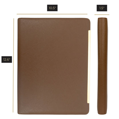 BLU MONACO Brown Vegan Leather Portfolio Binder for Women - Professional Padfolio Work Organizer with Gold Trim, Zippered Business Case for Documents