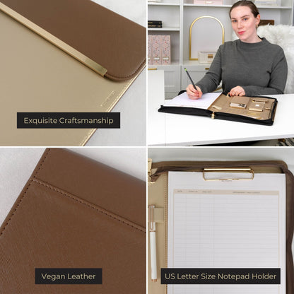 BLU MONACO Brown Vegan Leather Portfolio Binder for Women - Professional Padfolio Work Organizer with Gold Trim, Zippered Business Case for Documents