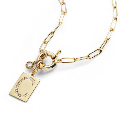 Pave Initial Pendant Necklace with Paperclip Chain