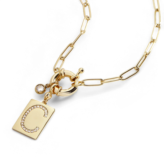 Pave Initial Pendant Necklace with Paperclip Chain